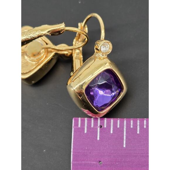 Vintage 90s Joan Rivers Purple Crystal Square Bezel Leverback Earrings - Picture 9 of 11